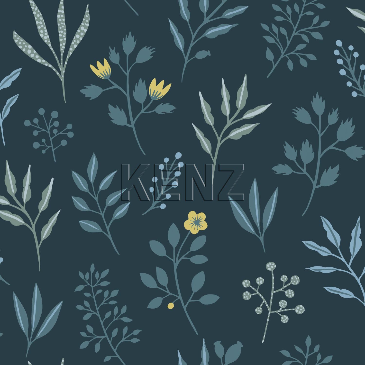wallpaper floral pattern in scandinavian style dark blue and yellow ocher 139082