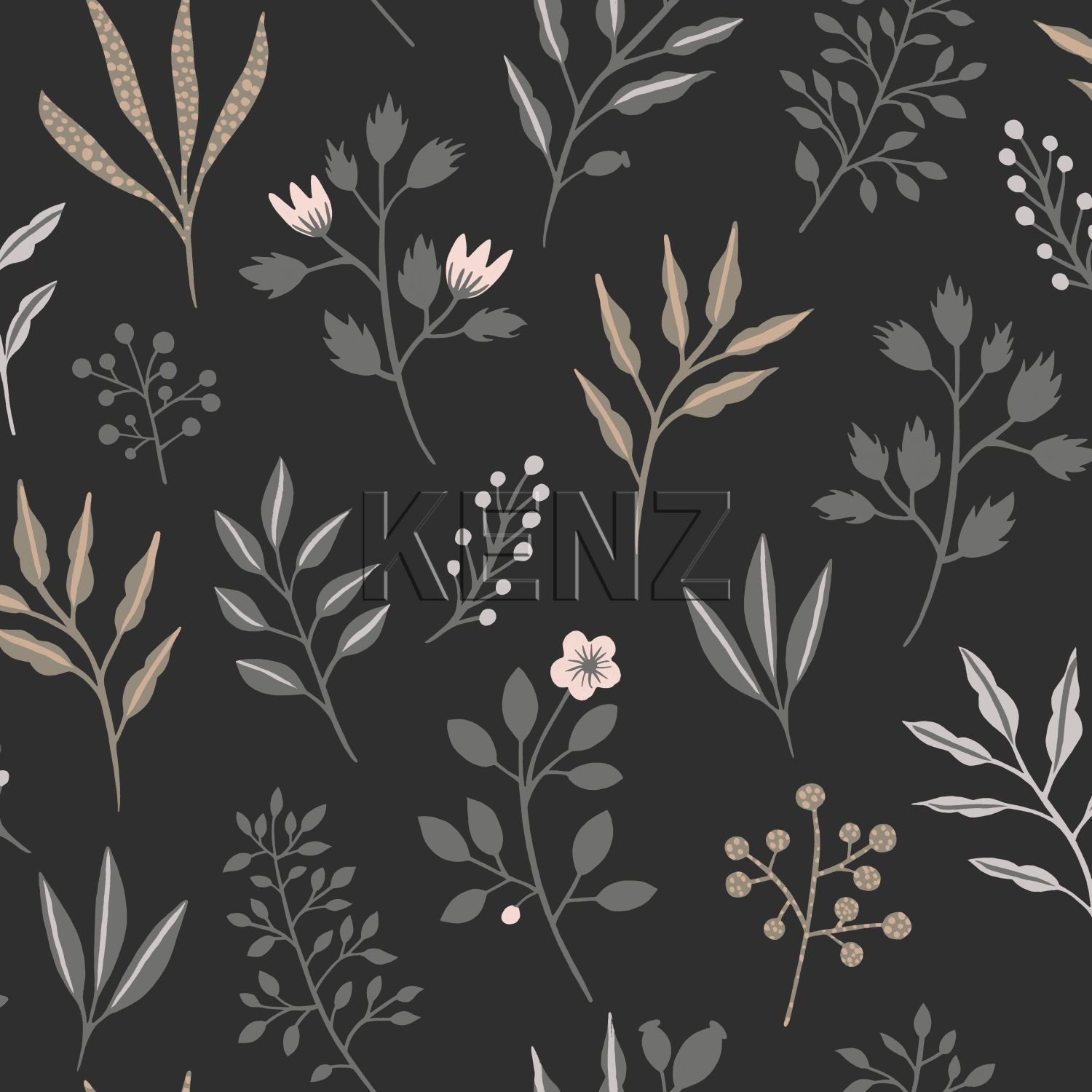 wallpaper floral pattern in scandinavian style black, gray, beige and pink 139083