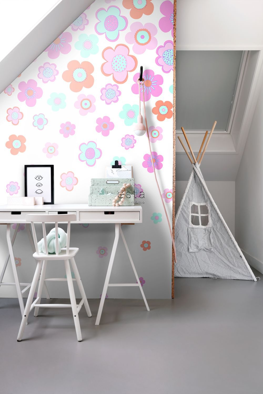 wall mural vintage flowers turquoise, pink and purple 158709