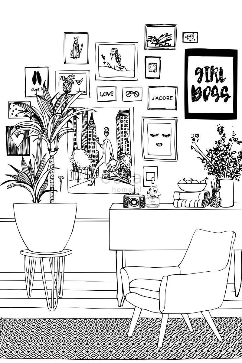wall mural drawing living room black and white 158813