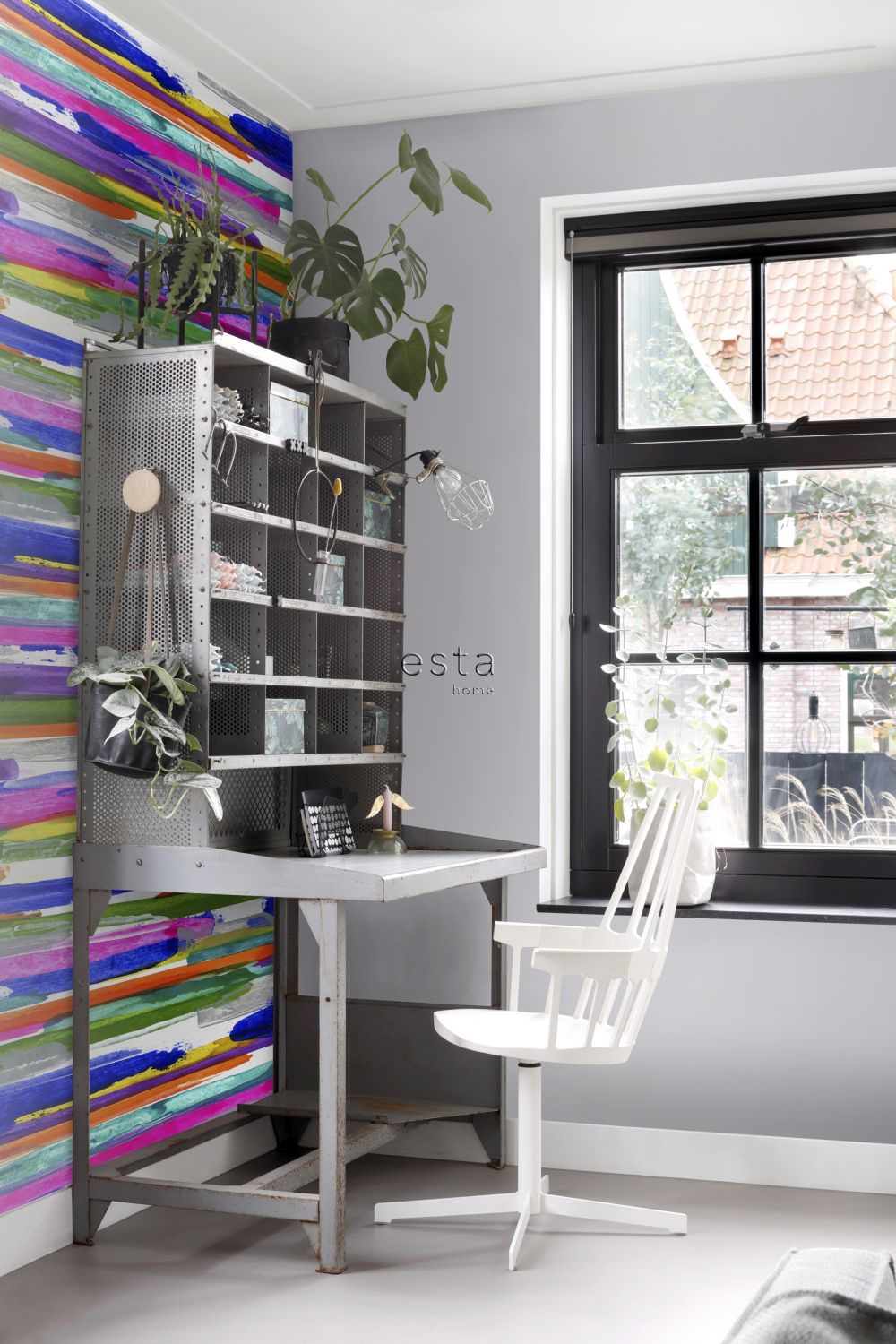wall mural painted horizontal stripes blue, green, purple and pink 158916