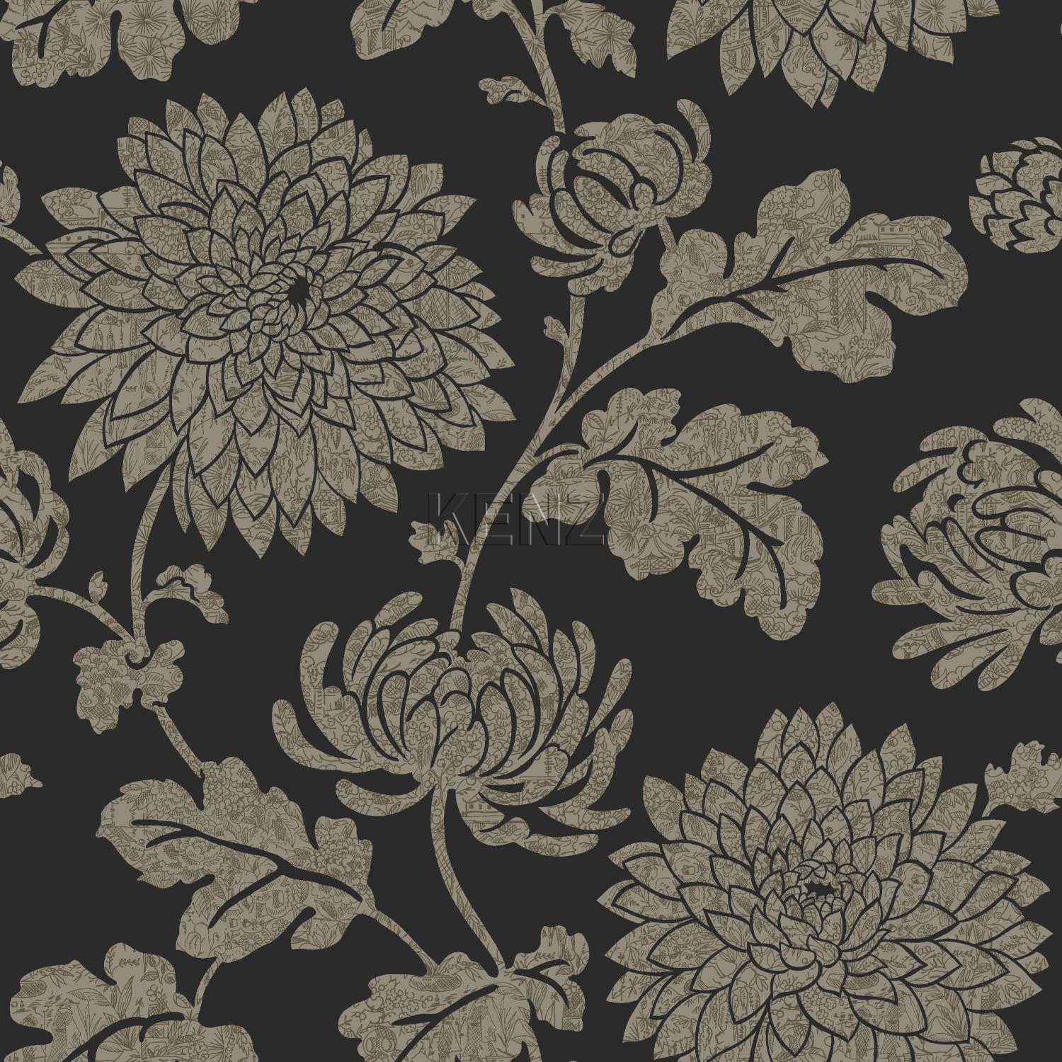 wallpaper flowers black and shiny bronze 326150