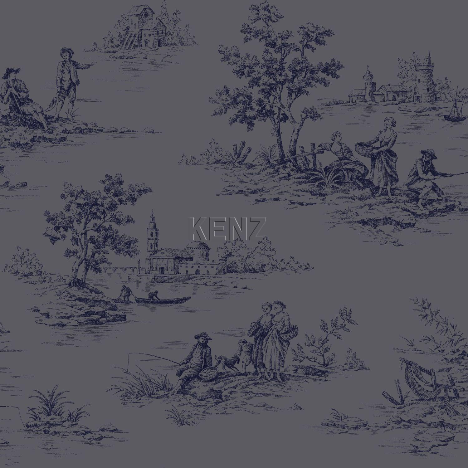 wallpaper toile de jouy print gray and blue 326318