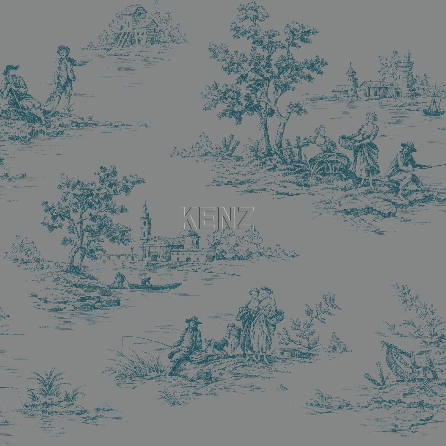 wallpaper toile de jouy print gray and turquoise 326320
