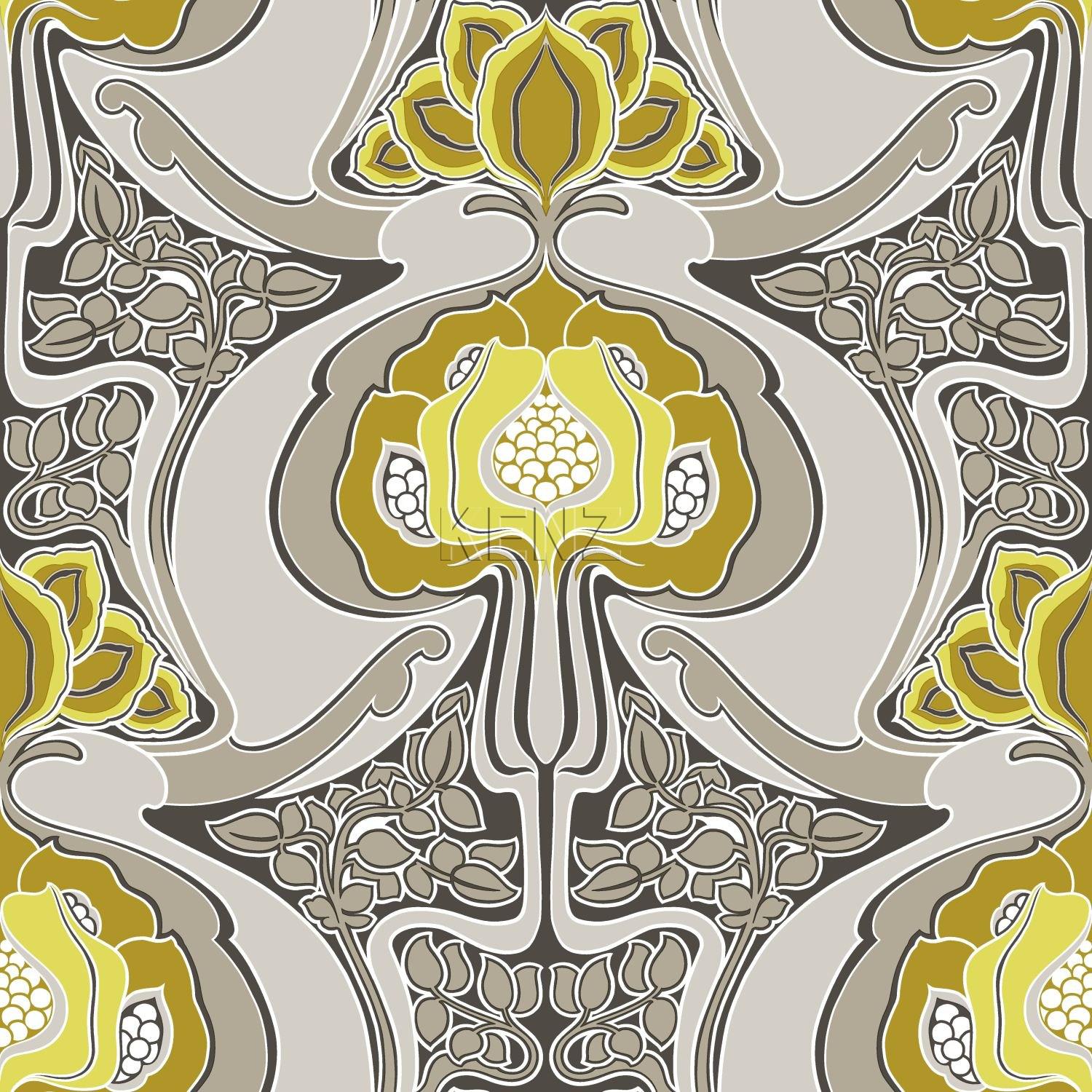 wallpaper Art Nouveau floral pattern ocher yellow and gray 347206
