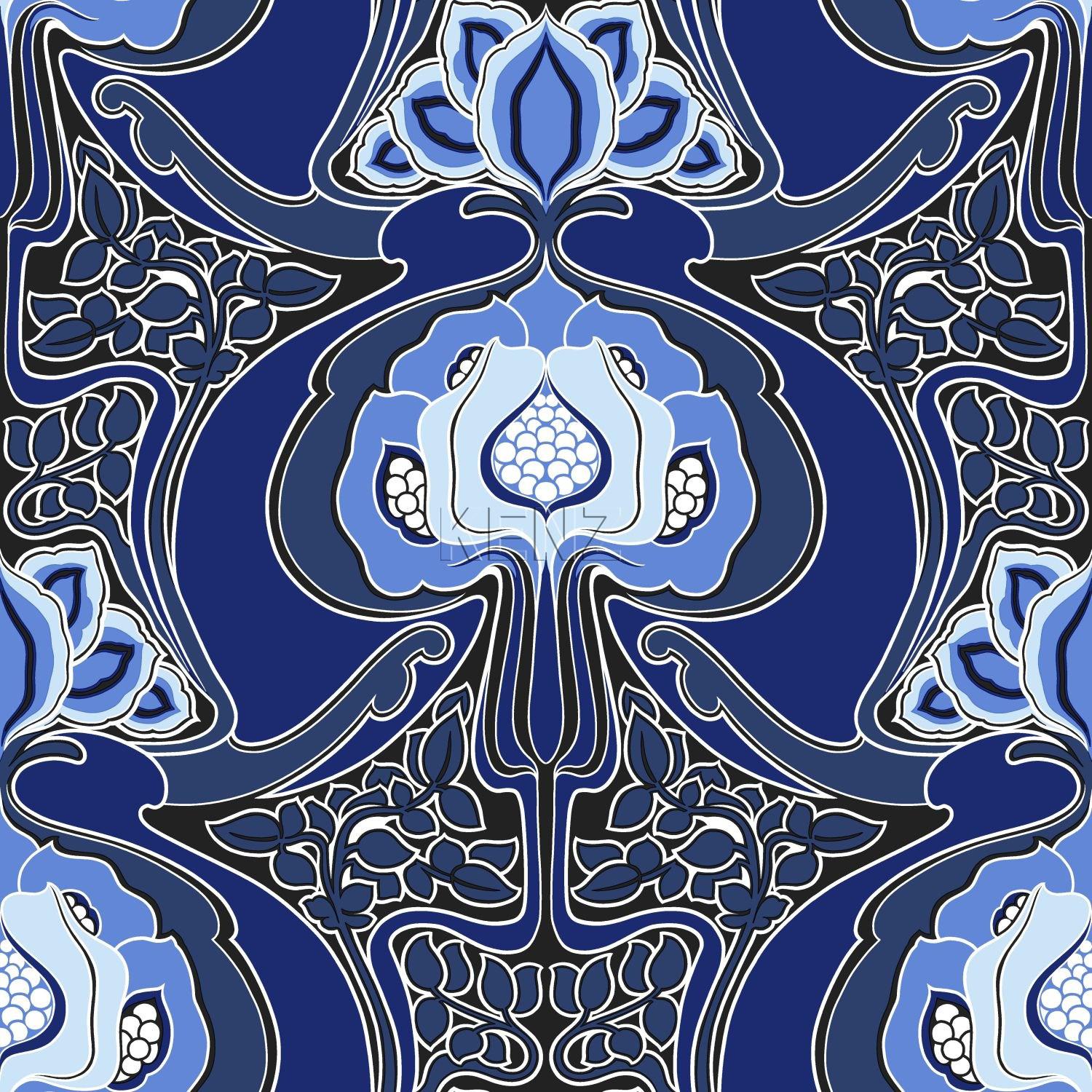 wallpaper Art Nouveau floral pattern royal blue 347211