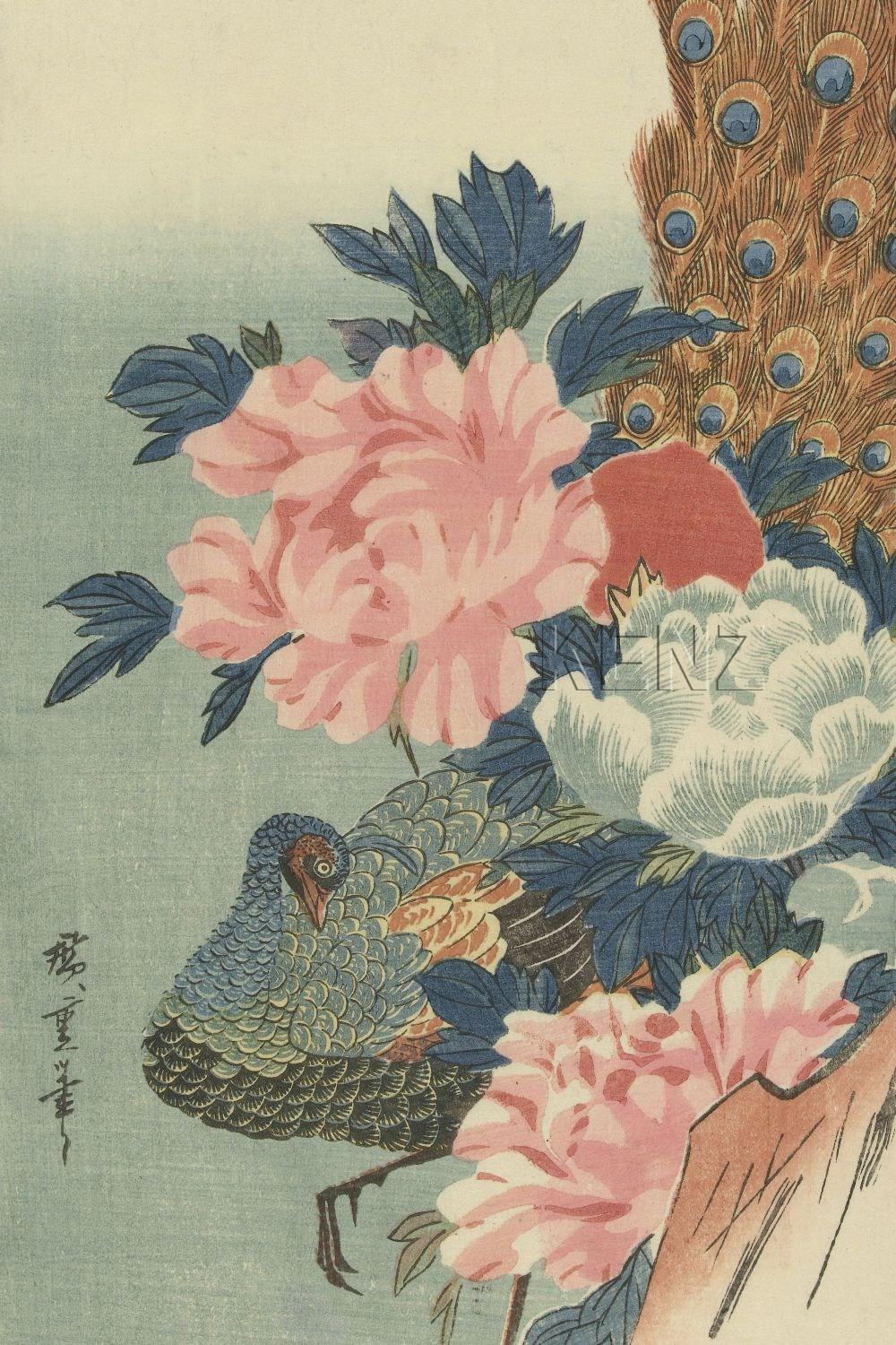 wall mural peacock and peonies old pink, green and blue 357233